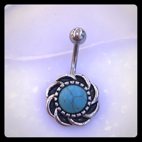 Turquoise stone non dangle belly button ring 14 gauge NEW surgical steel navel - Picture 1 of 1